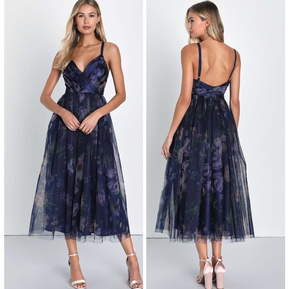 Lulu's Navy Floral Midi Dress